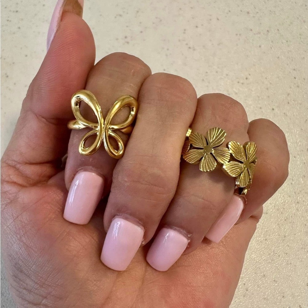 Gold Butterfly and Floral Ring Set